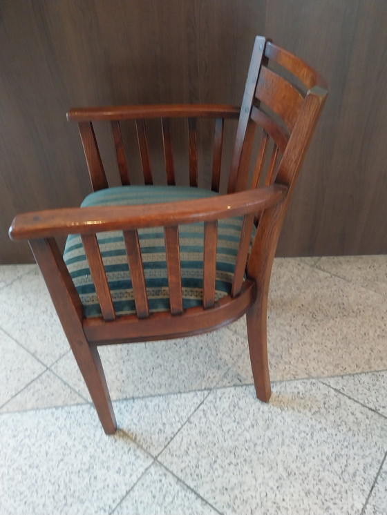 Image 1 of 6 X chaises de salle à manger Bannink avec tapisserie d'ameublement vert et or.