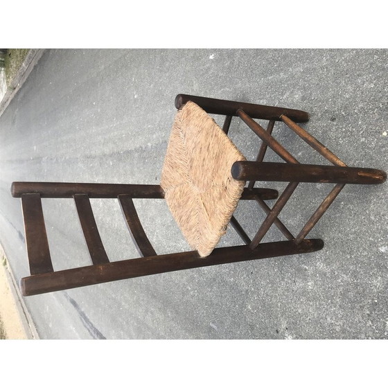 Image 1 of Ensemble de 4 chaises de campagne vintage en bois et sièges en paille, 1950