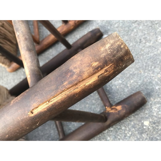 Image 1 of Ensemble de 4 chaises de campagne vintage en bois et sièges en paille, 1950