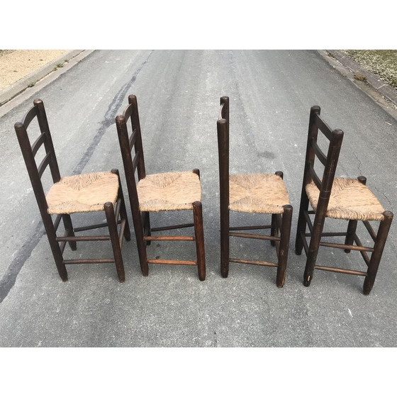 Image 1 of Ensemble de 4 chaises de campagne vintage en bois et sièges en paille, 1950