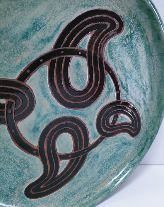 Image 1 of Assiette Terre Cuite Émaillée Signée Vintage