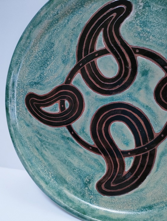 Image 1 of Assiette Terre Cuite Émaillée Signée Vintage