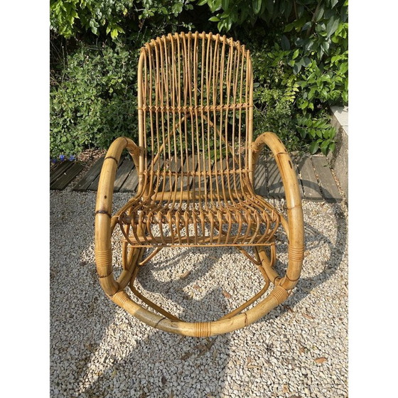Image 1 of Chaise à bascule vintage en bambou et rotin