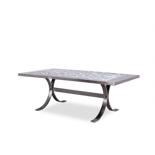 Table de salle à manger rectangulaire vintage en métal poli et céramique, 1970