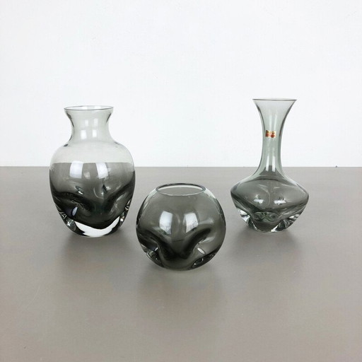 Ensemble de 3 vases cubiques en verre cristallin soufflé à la bouche par Friedrich Kristall, Allemagne 1970