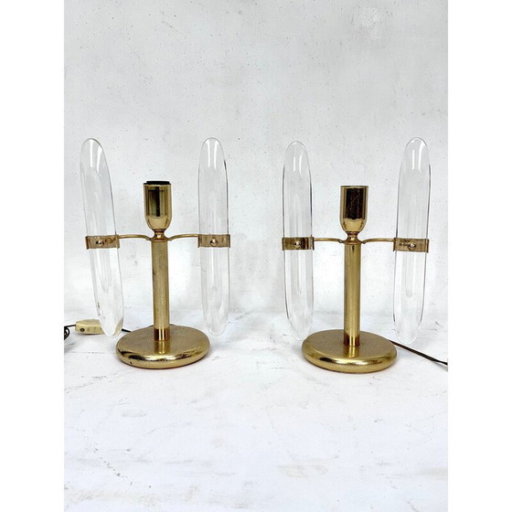 Image 1 of Paire de lampes de table vintage en métal doré et verre par Stilkronen, Italie, années 1970