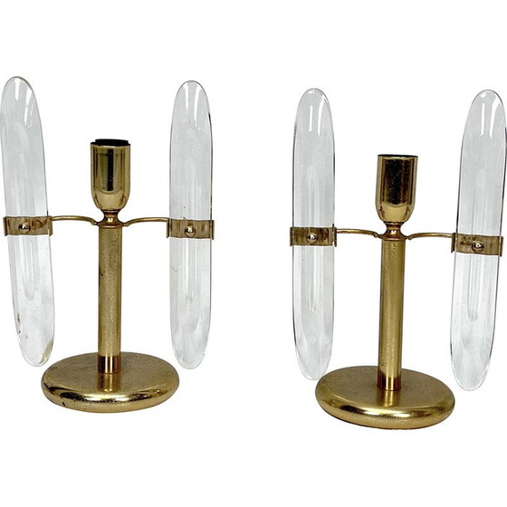 Image 1 of Paire de lampes de table vintage en métal doré et verre par Stilkronen, Italie, années 1970
