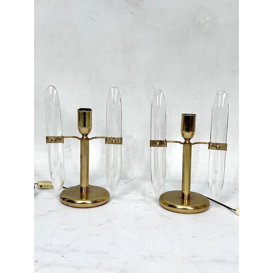 Image 1 of Paire de lampes de table vintage en métal doré et verre par Stilkronen, Italie, années 1970