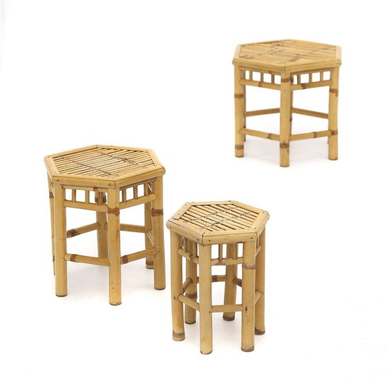 Image 1 of Tables gigognes vintage en rotin avec plateau hexagonal, 1970