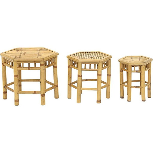 Tables gigognes vintage en rotin avec plateau hexagonal, 1970