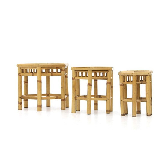 Image 1 of Tables gigognes vintage en rotin avec plateau hexagonal, 1970