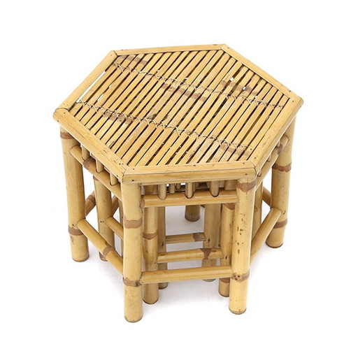 Tables gigognes vintage en rotin avec plateau hexagonal, 1970