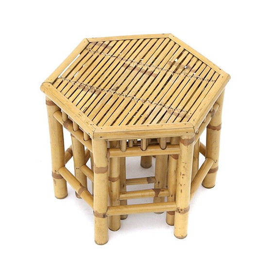 Image 1 of Tables gigognes vintage en rotin avec plateau hexagonal, 1970