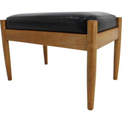 Tabouret vintage en cuir et hêtre, Danemark 1960