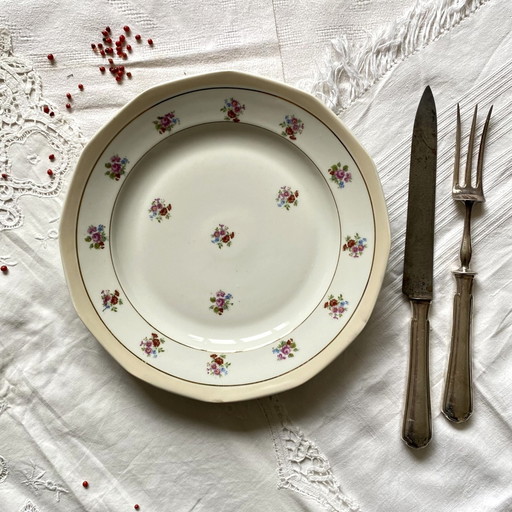 Plat De Service Rond M Et S Berry Petites Fleurs Et Dorure Porcelaine Ancienne Limoges France