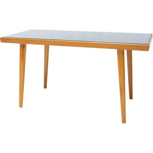 Table basse vintage en verre opaxite et bois par Interiér Praha, Tchécoslovaquie 1960