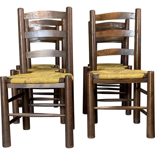 Ensemble de 6 chaises en paille vintage par Georges Robert, France 1950