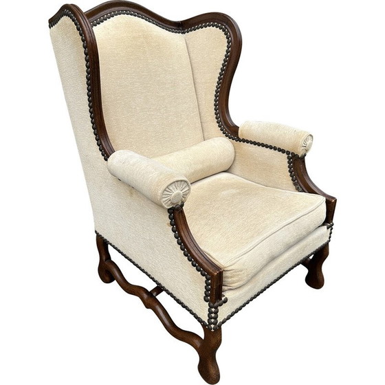 Image 1 of Fauteuil bergère vintage en bois tourné et tissu