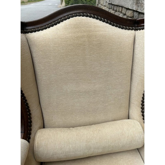 Image 1 of Fauteuil bergère vintage en bois tourné et tissu
