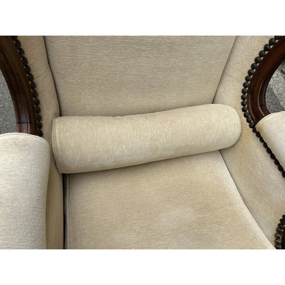 Image 1 of Fauteuil bergère vintage en bois tourné et tissu