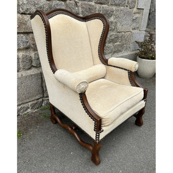 Image 1 of Fauteuil bergère vintage en bois tourné et tissu