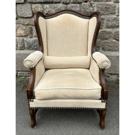 Image 1 of Fauteuil bergère vintage en bois tourné et tissu