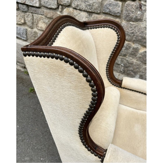 Image 1 of Fauteuil bergère vintage en bois tourné et tissu