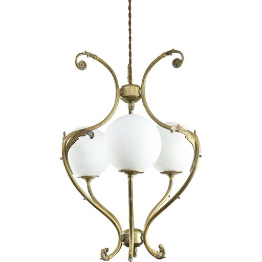 Lustre vintage en laiton et verre opalin, Italie 1920
