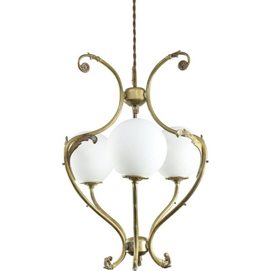 Image 1 of Lustre vintage en laiton et verre opalin, Italie 1920