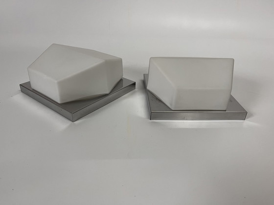 Image 1 of Set Of 2 Vintage Wall Lights Glashütte Limburg Hexagon White Opal Glass With Stainless Steel