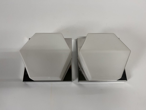 Image 1 of Set Of 2 Vintage Wall Lights Glashütte Limburg Hexagon White Opal Glass With Stainless Steel