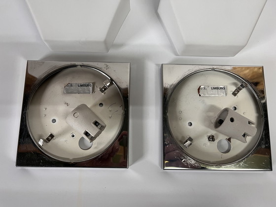 Image 1 of Set Of 2 Vintage Wall Lights Glashütte Limburg Hexagon White Opal Glass With Stainless Steel