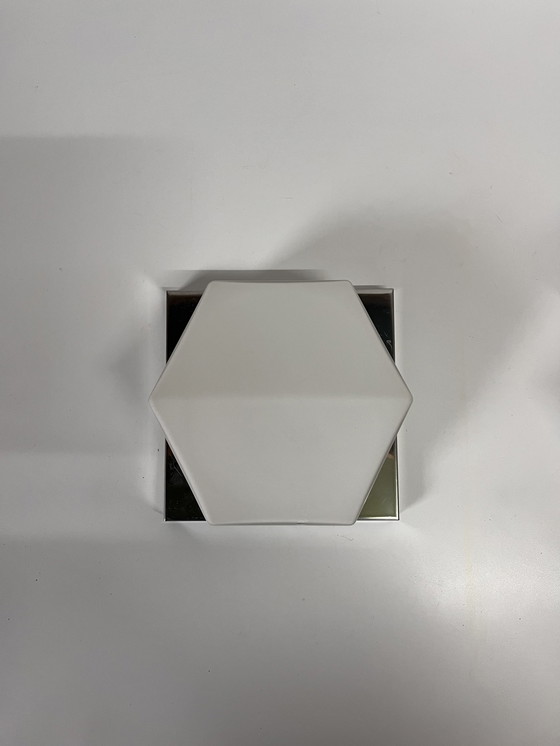 Image 1 of Set Of 2 Vintage Wall Lights Glashütte Limburg Hexagon White Opal Glass With Stainless Steel