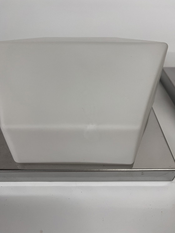 Image 1 of Set Of 2 Vintage Wall Lights Glashütte Limburg Hexagon White Opal Glass With Stainless Steel