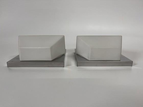 Image 1 of Set Of 2 Vintage Wall Lights Glashütte Limburg Hexagon White Opal Glass With Stainless Steel