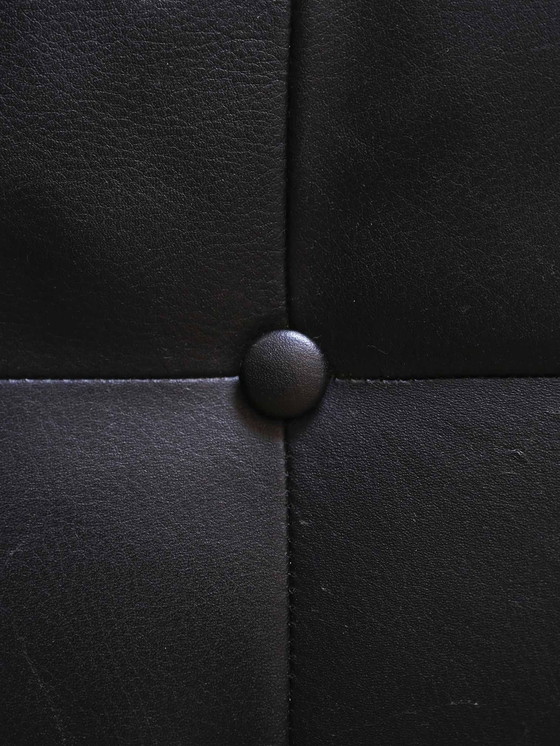 Image 1 of Pouf scandinave vintage original - Faux cuir noir et cadre en métal