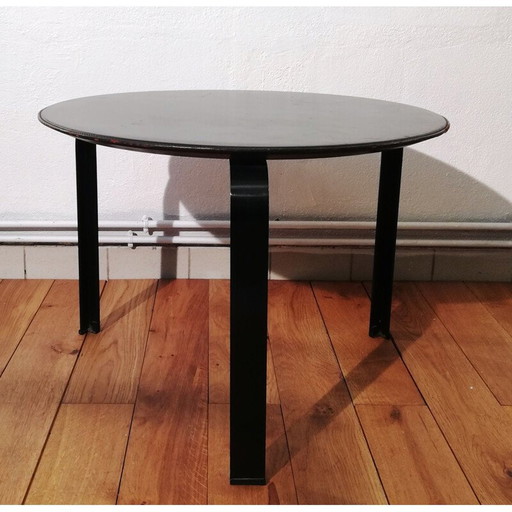 Table basse vintage en bois et cuir noir