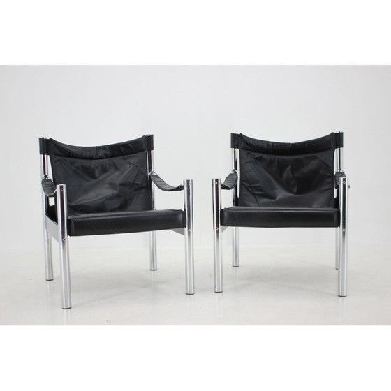 Image 1 of Paire de fauteuils Safari vintage en cuir noir et chrome par Johanson Design pour Markaryd, 1970