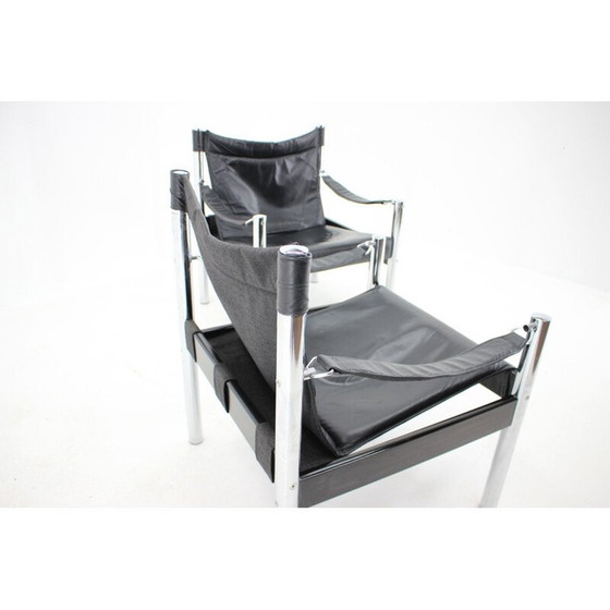Image 1 of Paire de fauteuils Safari vintage en cuir noir et chrome par Johanson Design pour Markaryd, 1970