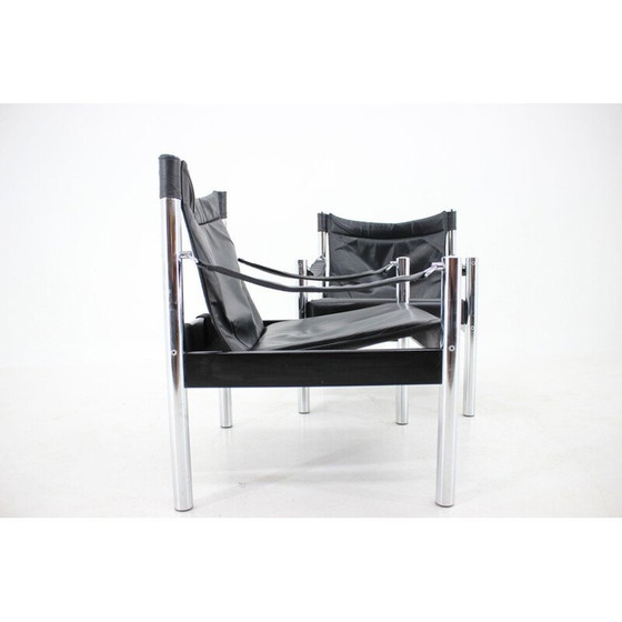 Image 1 of Paire de fauteuils Safari vintage en cuir noir et chrome par Johanson Design pour Markaryd, 1970