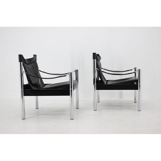 Image 1 of Paire de fauteuils Safari vintage en cuir noir et chrome par Johanson Design pour Markaryd, 1970