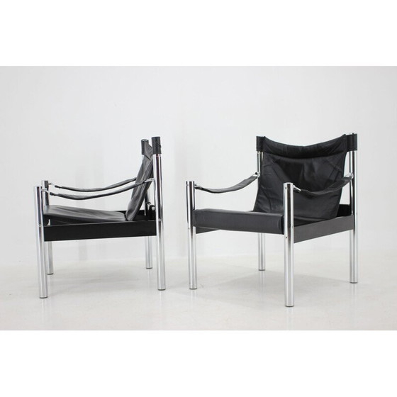 Image 1 of Paire de fauteuils Safari vintage en cuir noir et chrome par Johanson Design pour Markaryd, 1970