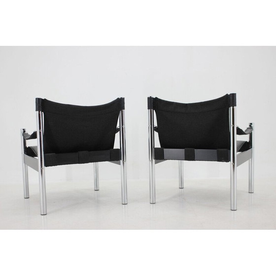 Image 1 of Paire de fauteuils Safari vintage en cuir noir et chrome par Johanson Design pour Markaryd, 1970