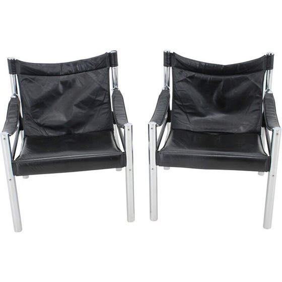 Image 1 of Paire de fauteuils Safari vintage en cuir noir et chrome par Johanson Design pour Markaryd, 1970