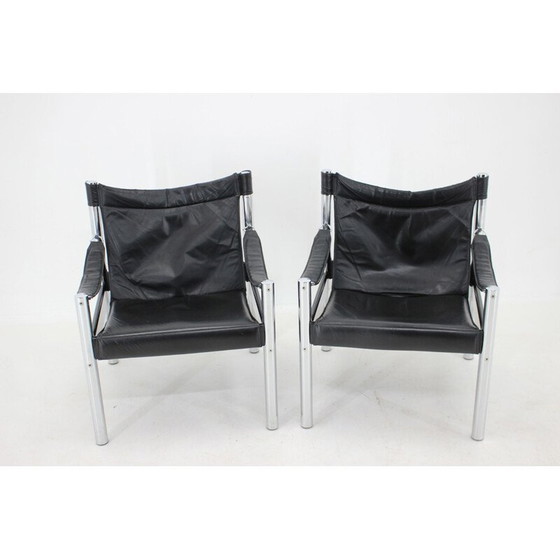Image 1 of Paire de fauteuils Safari vintage en cuir noir et chrome par Johanson Design pour Markaryd, 1970