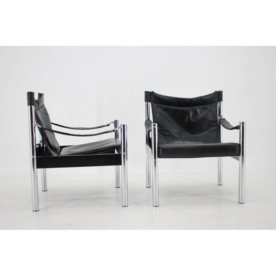 Image 1 of Paire de fauteuils Safari vintage en cuir noir et chrome par Johanson Design pour Markaryd, 1970
