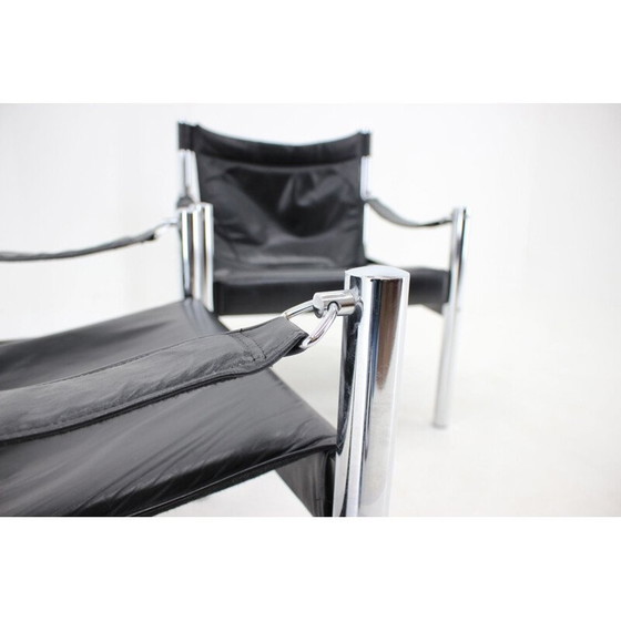 Image 1 of Paire de fauteuils Safari vintage en cuir noir et chrome par Johanson Design pour Markaryd, 1970