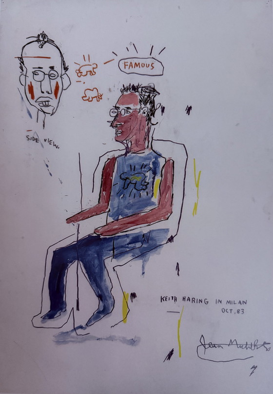 Image 1 of Jean-Michel Basquiat : "Esquisse de Keith Haring, 1983". Signé dans la plaque.