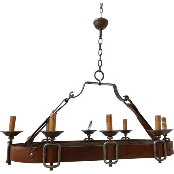 Image 1 of Lustre en cuir vintage, France 1950