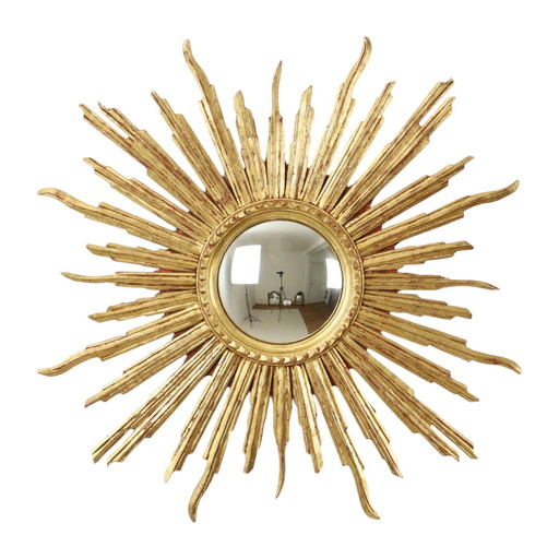 Grand miroir solaire en bois à feuilles d'or